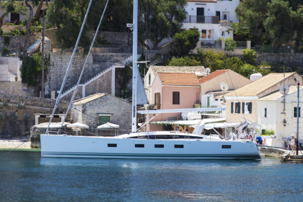 Luxury yacht argentous moored in Longos, on paxos.