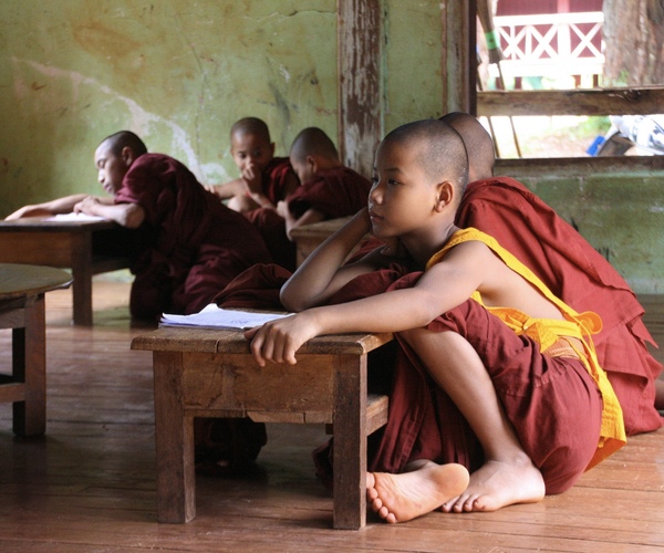 Novice monks are studious or asleep in Hsipaw, Myanmar