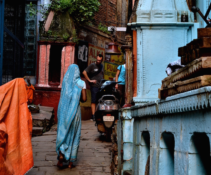 Woman wearing a beautiful blue sari, Rajasthan