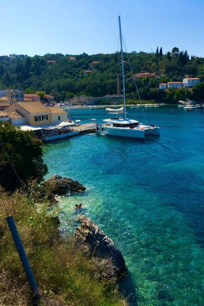 Aurous moored in the village of Longos on Paxos.
