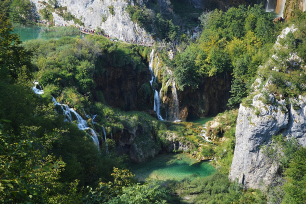 Bidseye view of Krka waterfalls and boardwalk